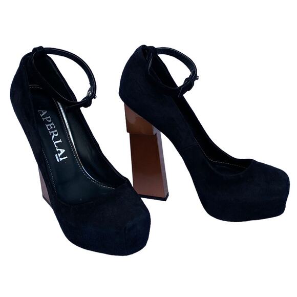 Aperlai Geisha Doll Black Suede Leather Square Toe Platform Heeled Pump Size 38 - Picture 1 of 12